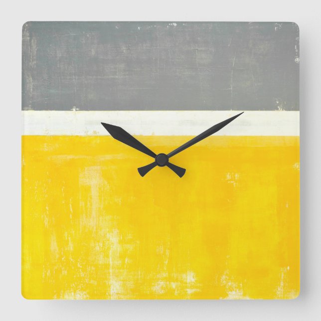 'Outside' Grey and Yellow Abstract Art Square Wall Clock (Front)