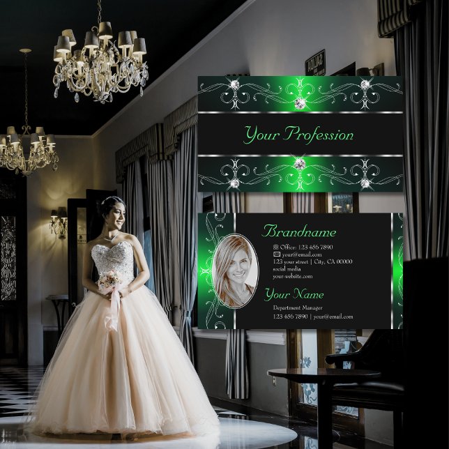 Outstanding Black Green Ornate Borders with Photo Business Card (Creator Uploaded)
