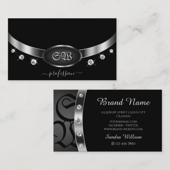 Outstanding Black Silver with Monogram Diamonds Business Card (Front/Back)