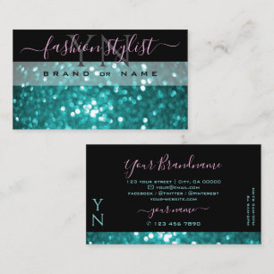 Outstanding Black Teal Sparkling Glitter Monogram Business Card