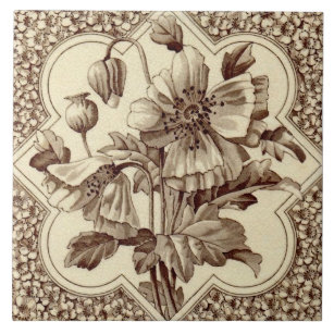 Antique Victorian Aesthetic Movement Print & Tint 6" Tile green tulip design 