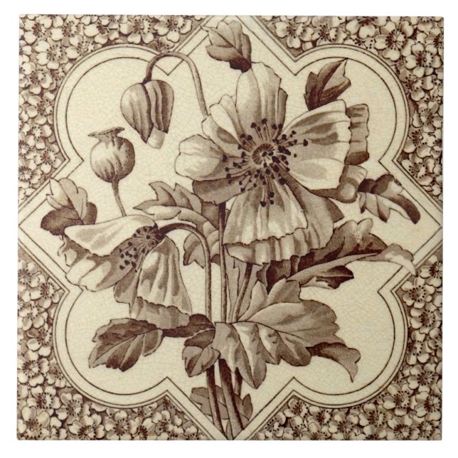 Outstanding Victorian Poppies Floral Sepia Repro Tile (Front)