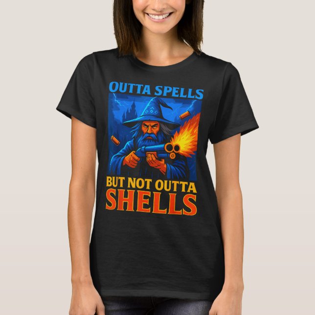 Outta Spells But Not Outta Shells Wizard Fantasy M T-Shirt (Front)