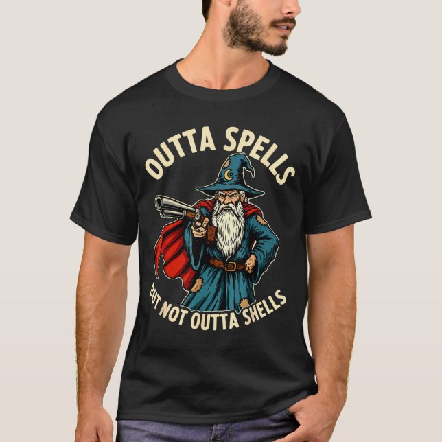 Outta Spells But Not Outta Shells Wizard Fantasy M T-Shirt (Front)
