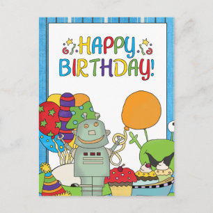Outta This World Robot Birthday Invites Postcard