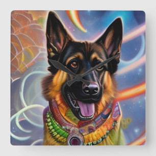 Outta This World Trippy German Shepherd    Square Wall Clock