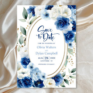 Oval Blue Floral Wedding Save the Date Invitation