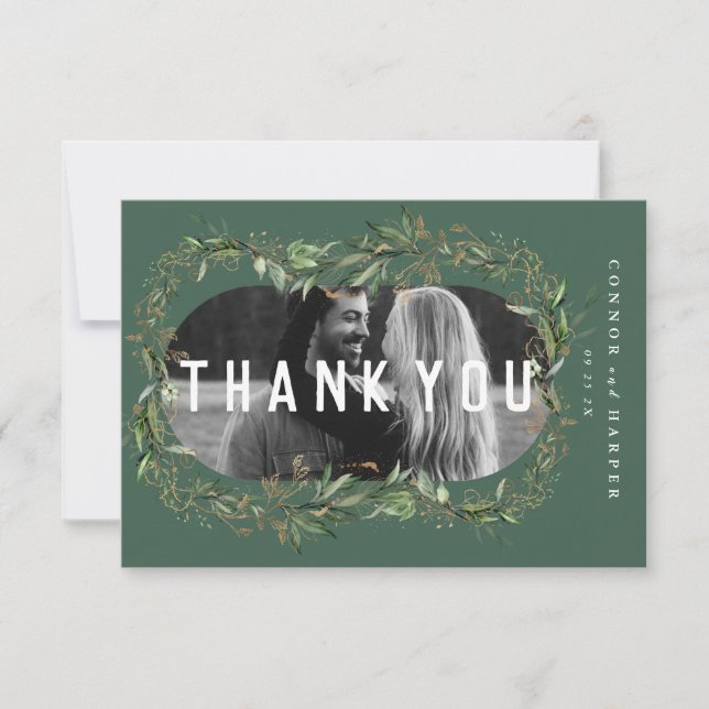 Oval Boho Bold Abstract Modern Leafy Golden Photo  Thank You Card (Front)