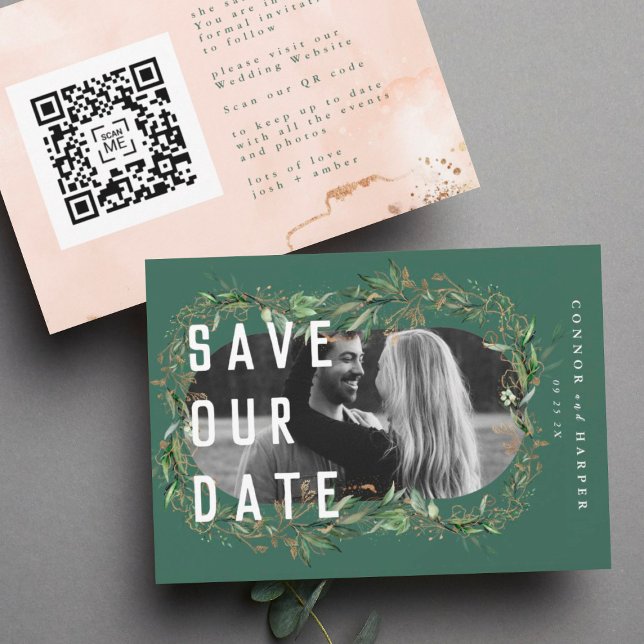 Oval Boho Bold QR Code Modern Leafy Golden Photo Save The Date (Creator Uploaded)