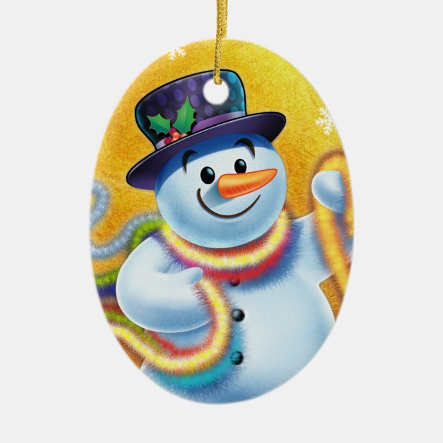 Oval Christmas tree decoration Snowman & tinsel. (Front)