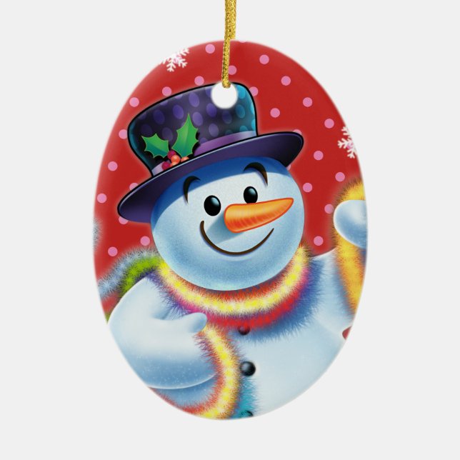 Oval Christmas tree decoration Snowman & tinsel. (Front)
