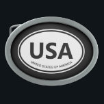 Oval country code or state abbreviation car emblem belt buckle<br><div class="desc">Oval country code or state abbreviation car emblem Belt buckle for men. Country code abbreviation sign typical for vehicles. Create your own personalised buckle Add your own text or monogram. Classic European style oval shape template design. USA of United States of America example. Cool gift ideas for him. Custom colour....</div>