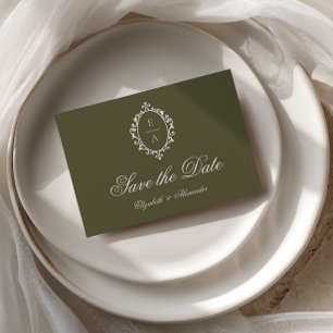 Oval Crest Green Old Money Wedding Save The Date Announcement Postcard