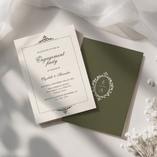 Oval Crest Old Money Olive Green Engagement Party Invitation