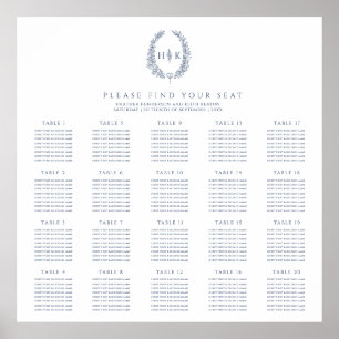 Oval dark blue white 20 wedding tables plan poster