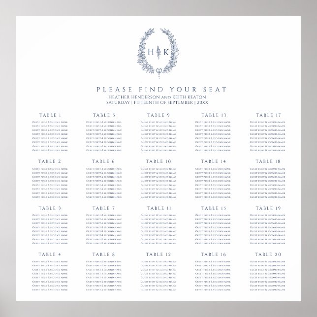 Oval dark blue white 20 wedding tables plan poster (Front)