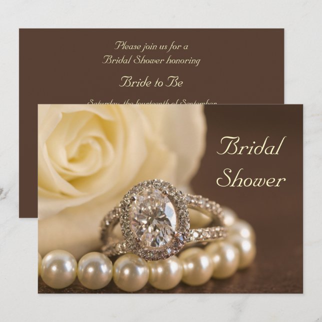 Oval Diamond Ring and White Rose Bridal Shower Invitation (Front/Back)