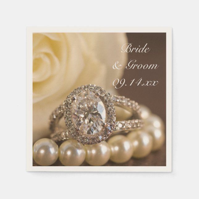 Oval Diamond Ring and White Rose Wedding Napkin (Front)