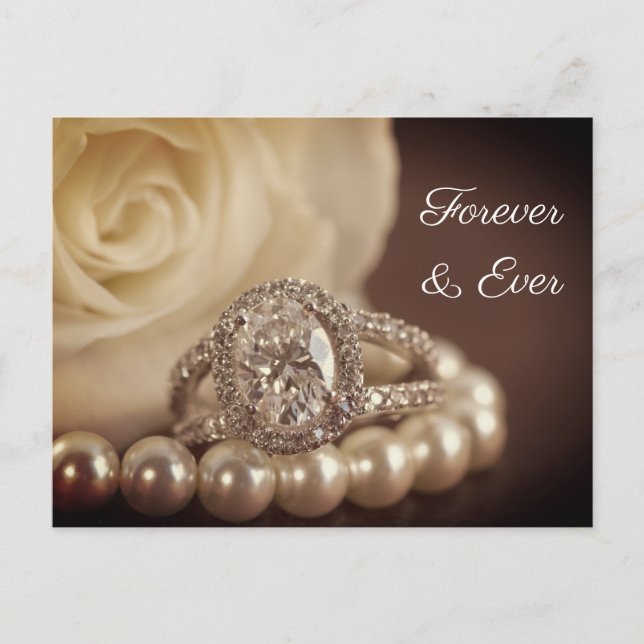 Oval Diamond Ring White Rose Wedding Save the Date Announcement Postcard (Front)