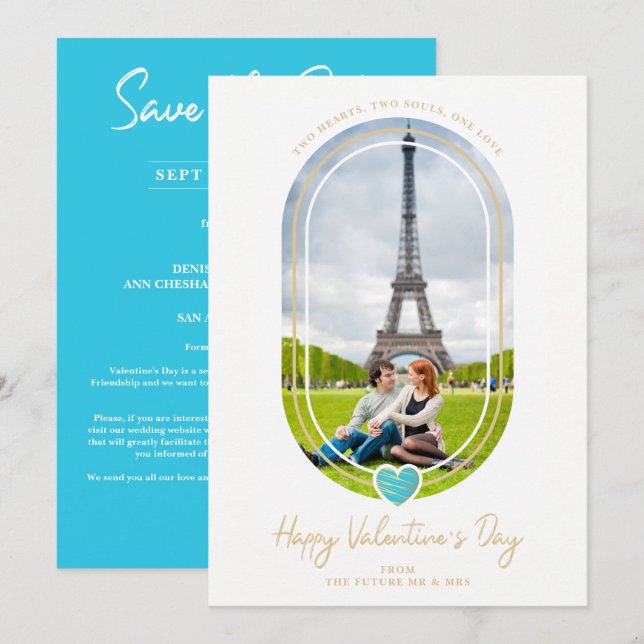Oval Effect Blue Heart Happy Valentine's Day Photo Save The Date (Front/Back)