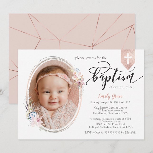 Oval Floral Photo Rose Gold Banner Baptism Invite (Front/Back)