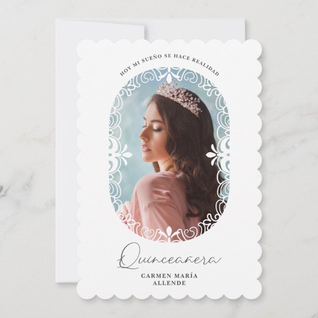 Oval Flourish Spanish Chic Photo Quinceañera Invitation (Front)