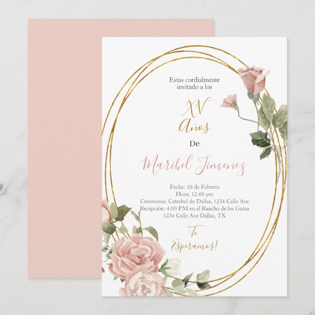 Oval frame Quinceanera invitation in Spanish (Front/Back)