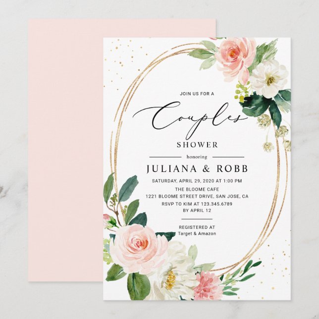 Oval Geometric Blush Pink Floral Couples Shower Invitation (Front/Back)