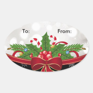 Oval Gift Tag Sticker-Red Bow