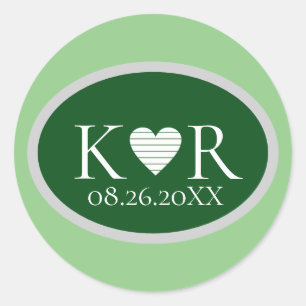 oval green shape monogram for a stylish wedding classic round sticker