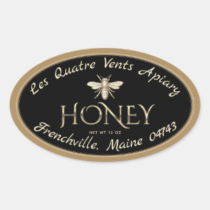 Oval Heraldic Bee Gold Border Black Honey Label