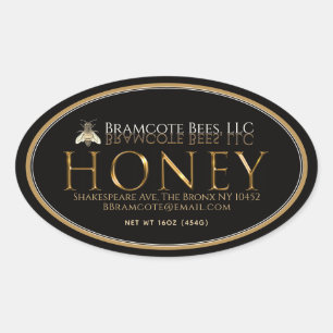 Oval honey label gold on black with vintage bee