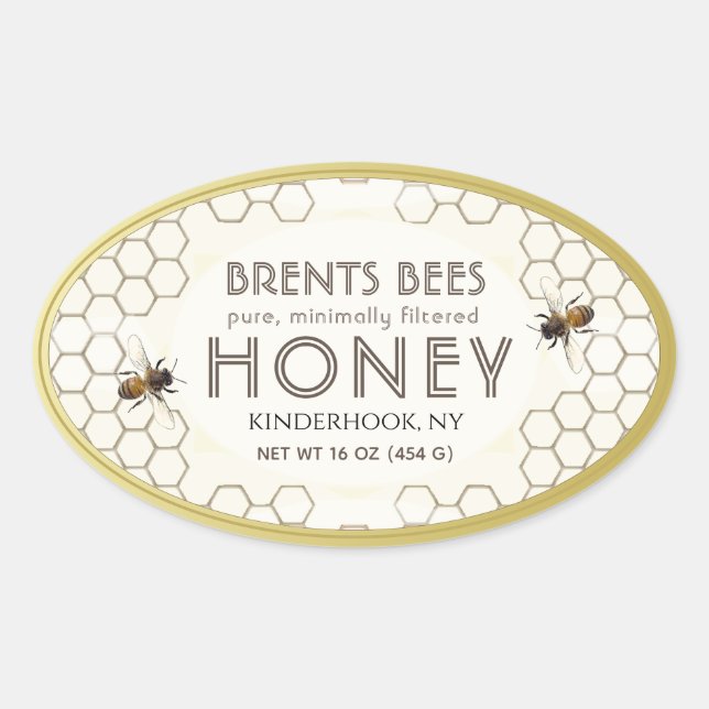 Oval Honey label with bee, honeycomb, gold border (Front)