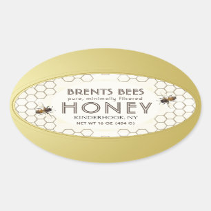 Oval Honey label with bee, honeycomb, gold border