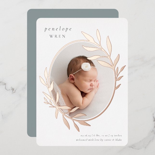 Oval Laurel | Foil Birth Announcement (Front/Back)