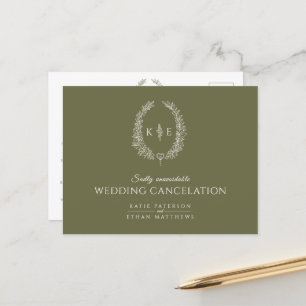 Oval leaf monogram wedding cancellation olive gree announcement postcard