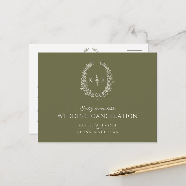 Oval leaf monogram wedding cancellation olive gree announcement postcard (Front/Back In Situ)