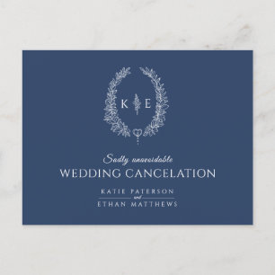 Oval leaf wreath monogram wedding cancellation blu announcement postcard