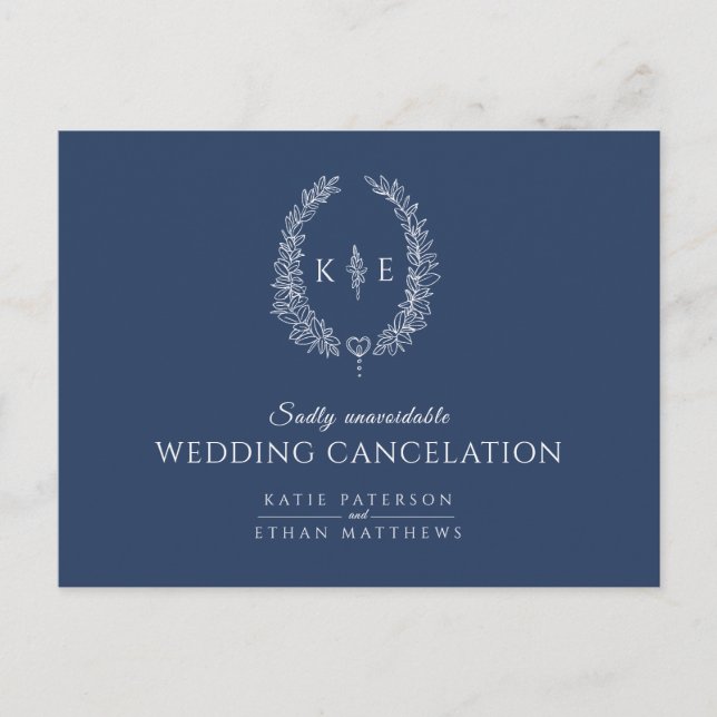 Oval leaf wreath monogram wedding cancellation blu announcement postcard (Front)