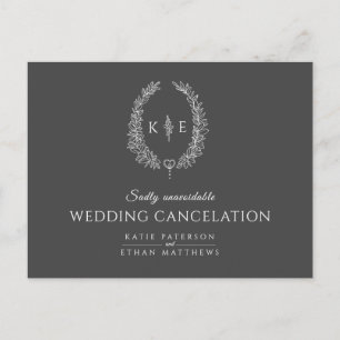 Oval leaf wreath monogram wedding cancellation gre announcement postcard