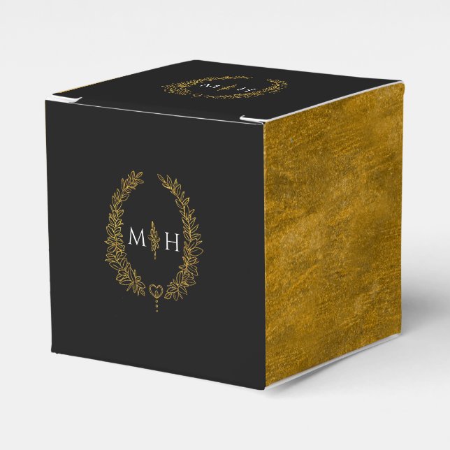 Oval leaves monogram black gold white wedding favour box (Front Side)