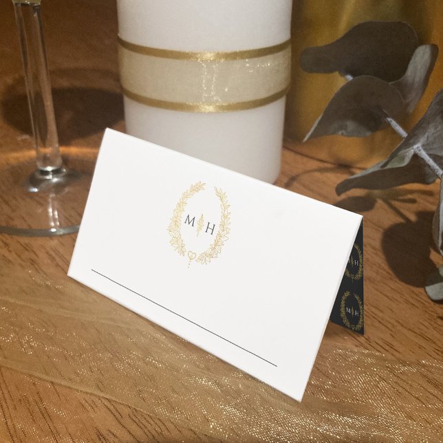 Oval leaves monogram black gold white wedding place card (Creator Uploaded)