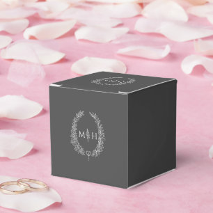 Oval leaves monogram charcoal grey white wedding favour box
