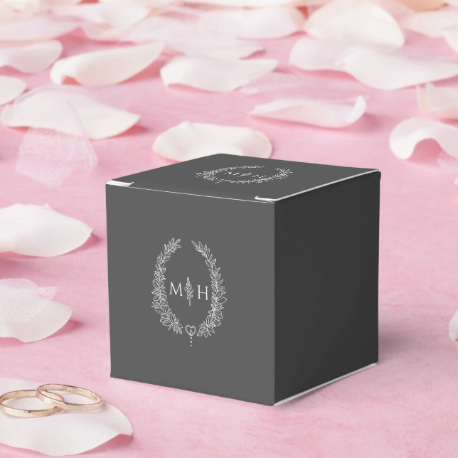 Oval leaves monogram charcoal grey white wedding favour box (Wedding)