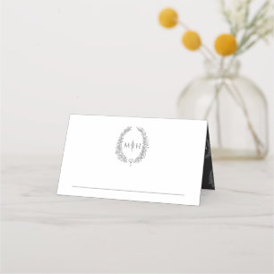 Oval leaves monogram charcoal grey white wedding place card