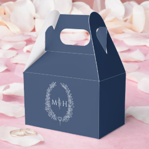 Oval leaves monogram navy blue white wedding favour box