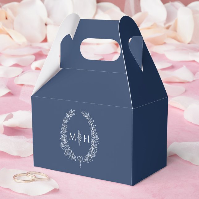 Oval leaves monogram navy blue white wedding favour box (Wedding)