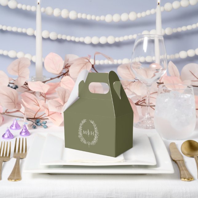 Oval leaves monogram olive green white wedding favour box (Wedding)