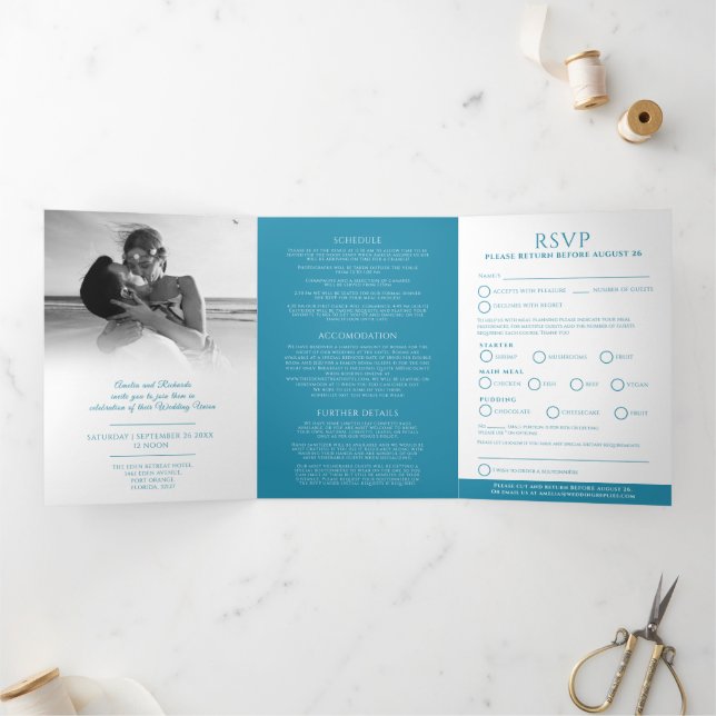 Oval monogram wedding option RSVP blue teal white Tri-Fold Invitation (Inside)