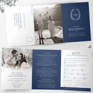 Oval monogram wedding RSVP blue white Tri-Fold Invitation